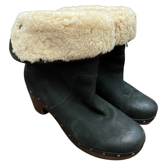 UGG Shearling Clog Boots Womens 9 Black Leather Wooden Heel Studded - - Picture 2 of 8